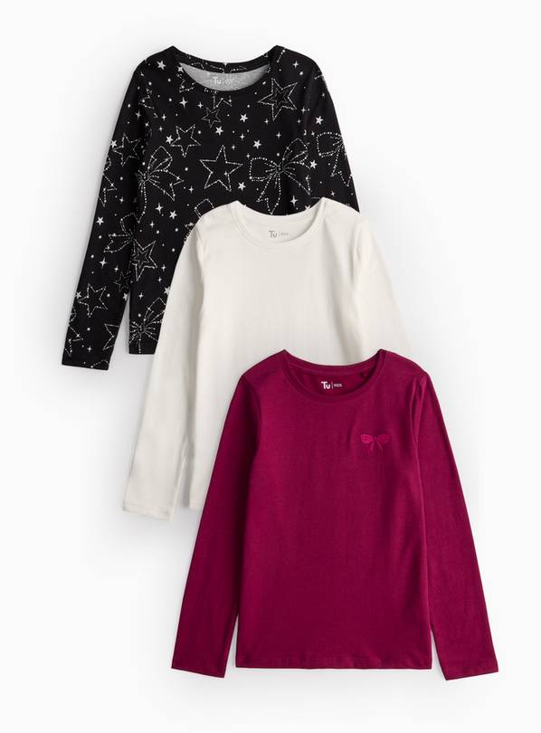 Star Bow Print & Plain Long Sleeve Top 3 Pack 5 years